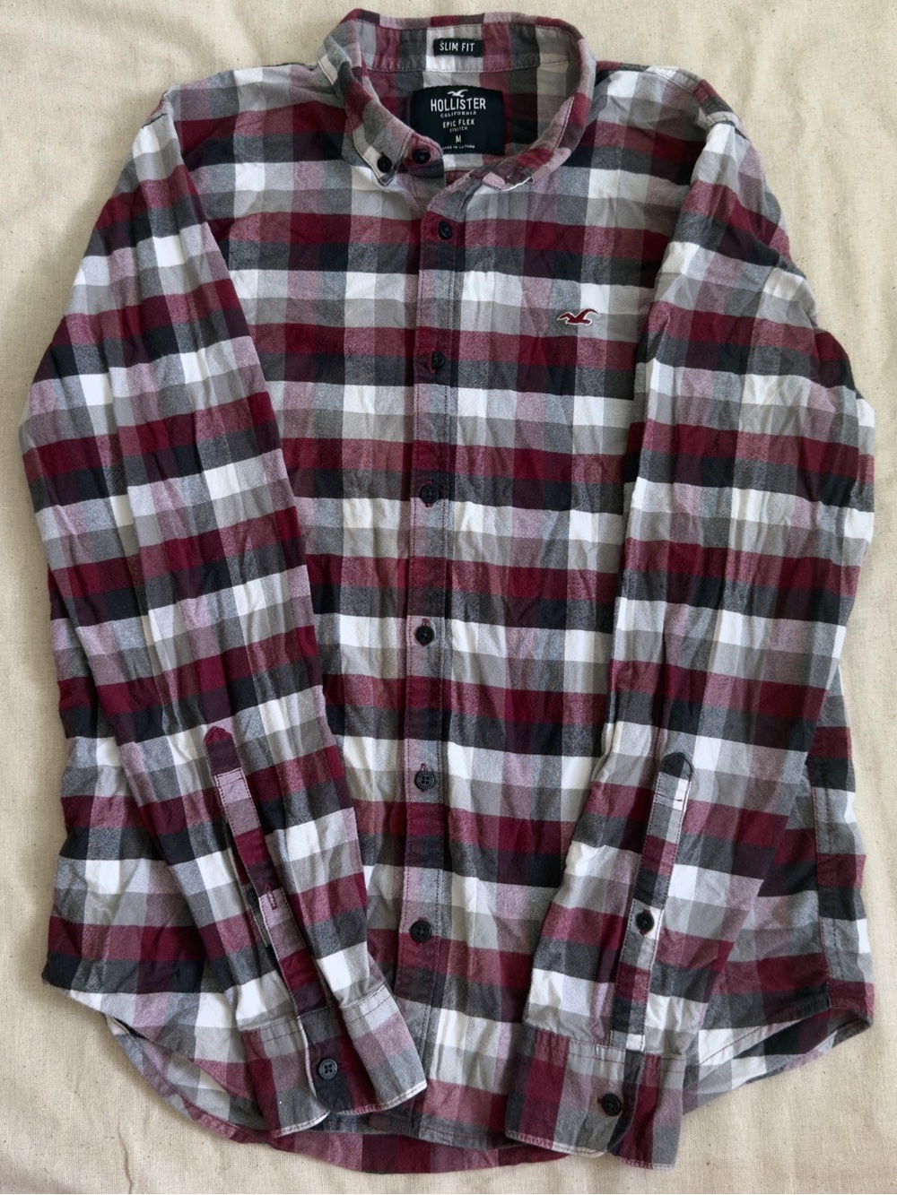 Hollister Men's Slim Fit Plaid Button-Down Shirt - Burgundy, Black & White
